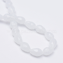 ティアドロップ  カット加工ガラスビーズ連売り  イミテーション翡翠  ホワイト  11~12x8mm  穴：1.5mm  約56~59個/連  27インチ&nbsp;X-GLAA-Q052-A05