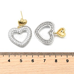 ハートブラスダングルスタッドピアス  クリアキュービックジルコニア  本物の金メッキと本物のプラチナメッキ  27x21mm&nbsp;EJEW-V011-05PG
