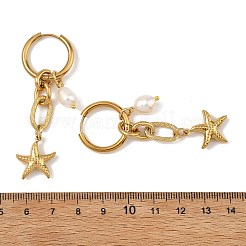 海をテーマにした304ステンレススチール製のドロップフープピアス  女性向け天然淡水パール付き  ゴールドカラー  60~67x15~17mm&nbsp;EJEW-JE07357