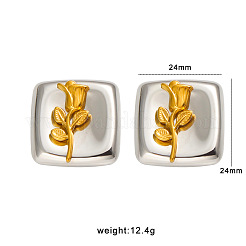 304ステンレススチール製、花柄のスクエア型スタッドピアス（女性用）  ゴールデン·ステンレス鋼色  24x24mm&nbsp;WG5AFC5-01