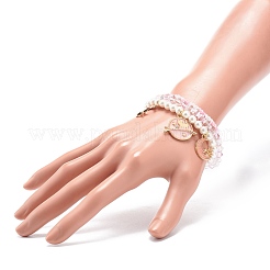 3 スタイル シェル パール & ガラス シード ビーズ ストレッチ ブレスレット セット 3 個  女性のための合金エナメルムーン＆スターチャームブレスレット  ピンク  内径：2-1/8~2-1/4インチ（5.3~5.7cm）  3個/セット&nbsp;BJEW-JB08705-02