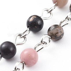 手作りの天然ロードナイトビーズチェーン  溶接されていない  アイアンアイピン  プラチナ  12x4mm  39.37インチ（1m）/連&nbsp;AJEW-JB00512-03