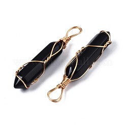 天然な黒い石の大きなペンダント  ゴールデン真鍮パーツ  六角形のプリズム  44.5~52x10~11x9.5~10.5mm  穴：4x7mm&nbsp;G-T122-70A
