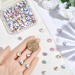 花柄プリントの磁器ビーズ 120個  花柄の丸いセラミックビーズ  ミックスカラー  8x7mm  穴：3mm&nbsp;PORC-PA0001-13