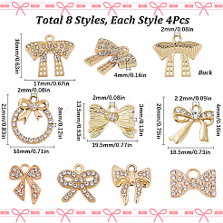 32pcs8スタイルアロイラインストーンペンダント  蝶結び  ゴールドカラー  12~21x12.5~20x2~4mm  穴：1.8~3mm  4個/スタイル&nbsp;ALRI-SC0001-48