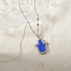 Vintage Brass Pave Clear Cubic Zirconia & Royal Blue Enamel Hamsa Hand Pendant Necklaces for Daily Wear and Holiday Gift&nbsp;CS1559-2
