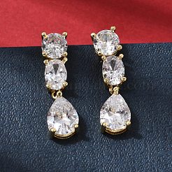 Teardrop Brass Micro Pave Clear Cubic Zirconia Dangle Stud Earrings&nbsp;LS-EJEW-H180-14G