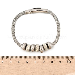女性用304ステンレススチールメッシュチェーンブレスレット  ポリマー粘土ラインストーンビーズとマグネットスナップ付き  ステンレス鋼色  7-5/8x1/8インチ（19.5x0.4cm）&nbsp;BJEW-Z087-16P