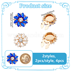 4色の合金ラインストーンカフスボタン2個  ゴールドカラー  花  ダークブルー  28mm  2個/カラー&nbsp;HJEW-NB00212