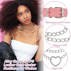 2Pcs Alloy Heart Link PU Leather Punk Choker Necklaces for Women&nbsp;NJEW-UN0001-70B