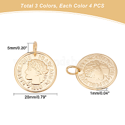 12個 3色 304ステンレススチール コインペンダント  共和国フランセーズ1808  ミックスカラー  20x1mm  穴：5mm  4個/カラー&nbsp;STAS-DC0003-45
