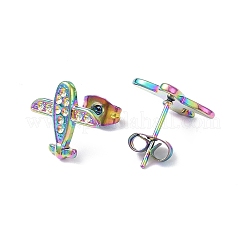 イオンプレーティング（IP）304ステンレススチールプレーンスタッドピアス金具  ラインストーンのイヤリングセッティング  虹色  のために合う：1mmラインストーン  12x14mm  ピン：0.8mm&nbsp;EJEW-I285-14MC