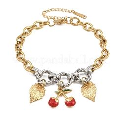 Duo Tone 304 Stainless Steel Enamel Red Cherry Leaf Charm Bracelets for Women&nbsp;SA-CBA717A-05G