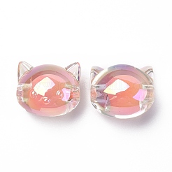 UVメッキレインボー虹色アクリルビーズ  ツートンカラーの二層ビーズ  猫  鮭色  16x18.5x14.5mm  穴：3.5mm&nbsp;OACR-H015-05E