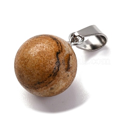 丸い天然ピクチャージャスパーペンダント  プラチナトーンの真鍮パーツ  17~19x13~14mm  穴：2x7mm&nbsp;G-Q434-19