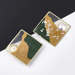 エポキシ樹脂ペンダント  ABSプラスチックイミテーションパールとシェル付き  真鍮パーツとエナメル  菱形  ゴールドカラー  ゴールデンロッド  41.5x41.5x5.5~6mm  穴：1.2mm&nbsp;X-RESI-S365-47A