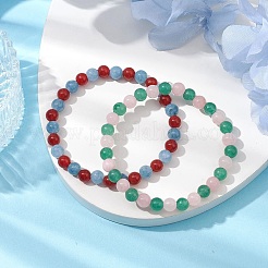 2Pcs 2 Styles 6.5mm Natural Green Aventurine & Dyed White Jade & Quartz & Carnelian Round Beaded Stretch Bracelet Sets&nbsp;BJEW-JB10802