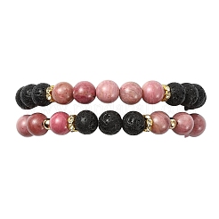 Adjustable Natural Rhodonite and Natural Lava Rock Stretch Bracelets&nbsp;BJEW-JB14150-01