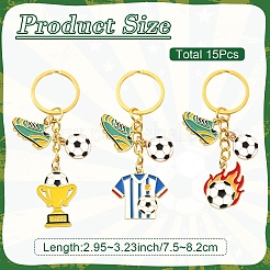 15個 3スタイル 合金エナメルペンダントキーホルダー  鉄のスプリットキーリング付き  サッカー、服、トロフィー  ゴールドカラー  75~82mm  5個/スタイル&nbsp;KEYC-YW00301
