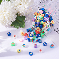 200個の手作りポリマークレイビーズ  混合海洋模様とフラットラウンド  ミックスカラー  9.5x5mm  穴：2mm&nbsp;CLAY-CJ0001-52