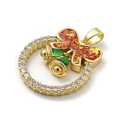 クリスマスブラスマイクロパヴェキュービックジルコニアペンダント  カドミウムフリー＆鉛フリー  エナメルと合成オパール  クリスマスリース  ファイヤーブリック  25.5x22.5x5.5mm  穴：5x3mm&nbsp;KK-H468-01A-02G