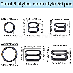 300個 6スタイル 鉄製下着ストラップバックル  ブラジャースライダーフック  ブラック  8.5~14.5x10.5~15.5x1mm  内径：3~12mm  50個/スタイル&nbsp;FIND-GF0009-50B