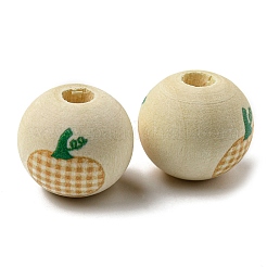 秋の木のヨーロッパのビーズ  プリントされた大穴ビーズ  ラウンド  カボチャ  16mm  穴：4mm&nbsp;WOOD-H105-04C-01
