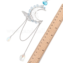 Natural Aquamarine Chips & Brass Moon & 304 Stainless Steel Butterfly Suncatcher&nbsp;HJEW-TA00449-02