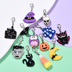 樹脂製ペンダントデコレーション12個。  合金製カニカン付き  プラチナ  ハロウィンモチーフ  ミックスカラー  28~51mm&nbsp;HJEW-YW00126