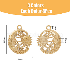 24個3色304ステンレスペンダント  太陽と月  ミックスカラー  23.5x20x2.5mm  穴：2mm  8個/カラー&nbsp;STAS-DC0013-17