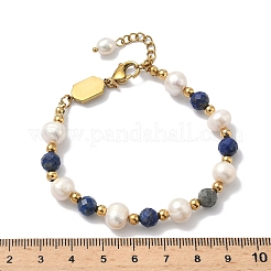 304 Stainless Steel & Natural Freshwater Pearl & Lapis Lazuli Beaded Bracelets for Women&nbsp;BJEW-B162-03G