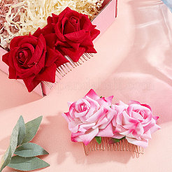 アイアン製ヘアコーム  ベルベットの花付き  暗赤色  90x60mm&nbsp;OHAR-CP0001-01A