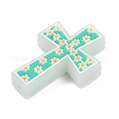 シリコーン焦点ビーズ  花と交差  ミディアムアクアマリン  34x23.5x8.5mm  穴：2.5mm&nbsp;SIL-U008-03A