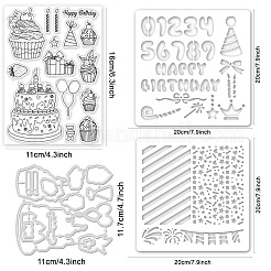 誕生日ケーキのペット用くり抜き絵用ステンシル1セット  1シートPVCプラスチッククリアスタンプ  ケーキ用カーボンスチールカッティングダイスステンシル1個付き  DIYスクラップブッキング用  混合図形  スタンプ：160x110x3mm  ステンシル:117~200x109~200x0.3mm&nbsp;DIY-GL0004-111