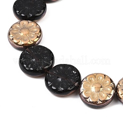 チェコ産プレスガラスビーズ  花付きフラットラウンド  ブラック  18x5.5mm  穴：1mm  約30個/袋&nbsp;GLAA-I061-48B