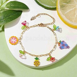 フルーツと花のガラスの種のチャームブレスレット  金色の真鍮のペーパークリップチェーン付き  カラフル  7-1/8インチ（18cm）&nbsp;BJEW-MZ00051
