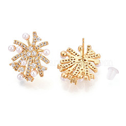 Flower Brass Micro Pave Clear Cubic Zirconia Stud Earrings&nbsp;EJEW-N062-03G