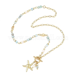 Ocean Brass Starfish Pendant Natural Larimar Beaded Chain Necklaces with OT Clasps&nbsp;NJEW-JN06663
