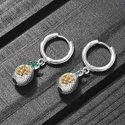 真鍮製キュービックジルコニアフープピアス  鉛フリー＆カドミウムフリー  プラチナ  パイナップル  29x8mm&nbsp;EJEW-Q015-02P-A