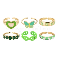 6Pcs 6 Style Spray Painted Brass & Brass Enamel & Micro Pave Cubic Zirconia Cuff Rings&nbsp;RJEW-LS0001-38