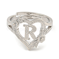 Heart with Letter & Flower Rack Plating Brass Adjustable Rings for Women&nbsp;RJEW-I105-05P-R
