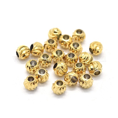 真鍮製筋入りビーズ  ラウンド  18KGP本金メッキ  4mm  穴：1.6mm&nbsp;KK-L184-73G-1