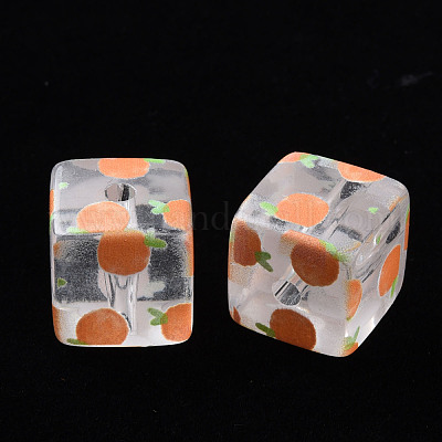 透明印刷アクリルビーズ  フルーツ模様の四角  オレンジ柄  16x16x16mm  穴：3mm&nbsp;MACR-S374-08A-07-1