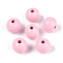 Spray Painted Round Natural Schima Wood Beads, Pearl Pink, 13~14x12.9mm, Hole: 2.8~3.5mm