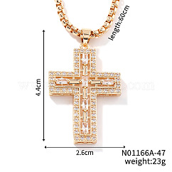 Brass Crystal Rhinestone Shiny Cross Pendant Box Chain Necklaces, Golden, 23.62 inch(60cm)