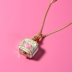 母の日 真鍮 エナメル ピンクハート ママ 開閉式 スクエア ロケット ペンダント ネックレス 女性用  18KGP本金メッキ  17.72インチ（45cm）&nbsp;WGB75E5-01
