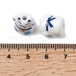 手作りの陶器ビーズ  幸運の猫  光沢釉の磁器  ホワイト  13.5x12.5~13x11.5mm  穴：2.5mm&nbsp;PORC-G015-03A
