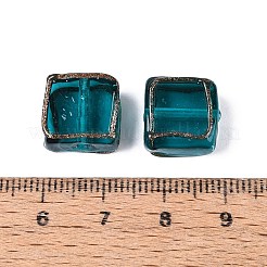 手作りゴールドパウダー入りランプワークビーズ  ゴールドトリムのスクエアビーズ  士官候補生ブルー  11.5~13.5x12~13.5x6~7.5mm  穴：0.7~1.4mm&nbsp;LAMP-N041-01E
