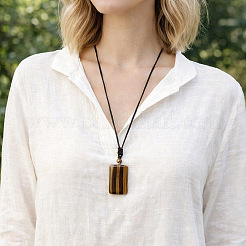 Natural Tiger Eye Rectangle Pendant Adjustable Cotton Cord Necklaces for Women&nbsp;WGAB457-02