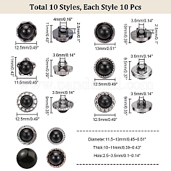 100個 10スタイル 1穴樹脂模造パールシャンクボタン  プラスチックパーツ  丸と花と星  ブラック  11~13x9~11mm  穴：2~4mm  10個/スタイル&nbsp;FIND-NB0003-93